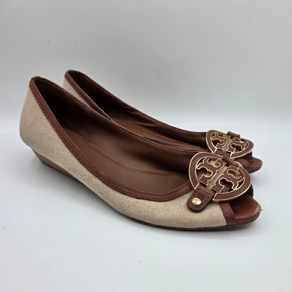 Tory Burch Amanda Demi Wedge Tan Brown Canvas Leather Womens 11M